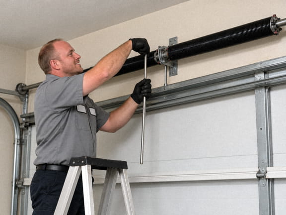 broken torsion spring on a garage door in Sacramento Garage door technician replacing a torsion spring above a residential garage door in Sacramento, CA.